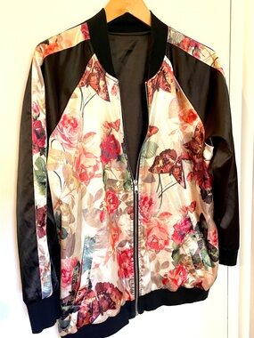 Floral Butterfly Bomber Jacket - Black & Cream